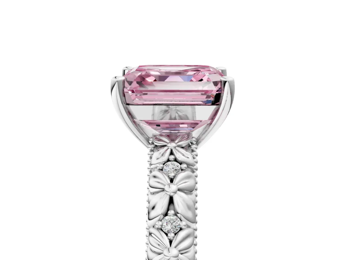 Fancy Pink Asscher Cut Solitaire Floral Milgrain Engagement Ring White gold