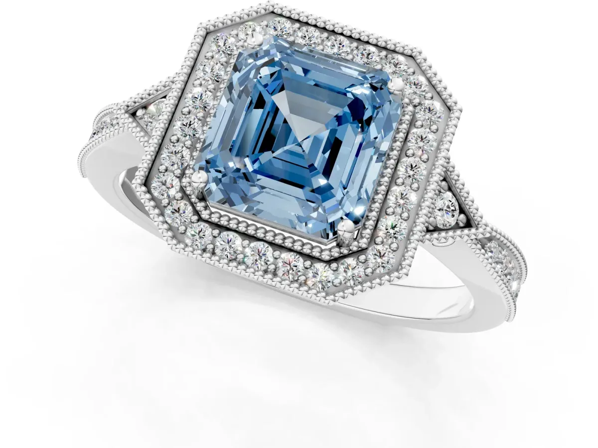 Fancy Blue Asscher Cut Halo Round Diamond Milgrain Pave Engagement Ring Platinum