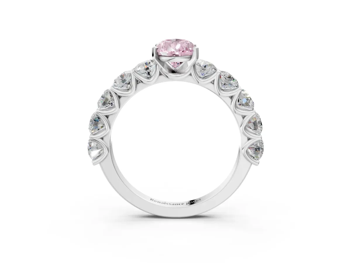Fancy Pink Pear Cut Diamond Prong Setting with Side Stones on a Pave Band Platinum
