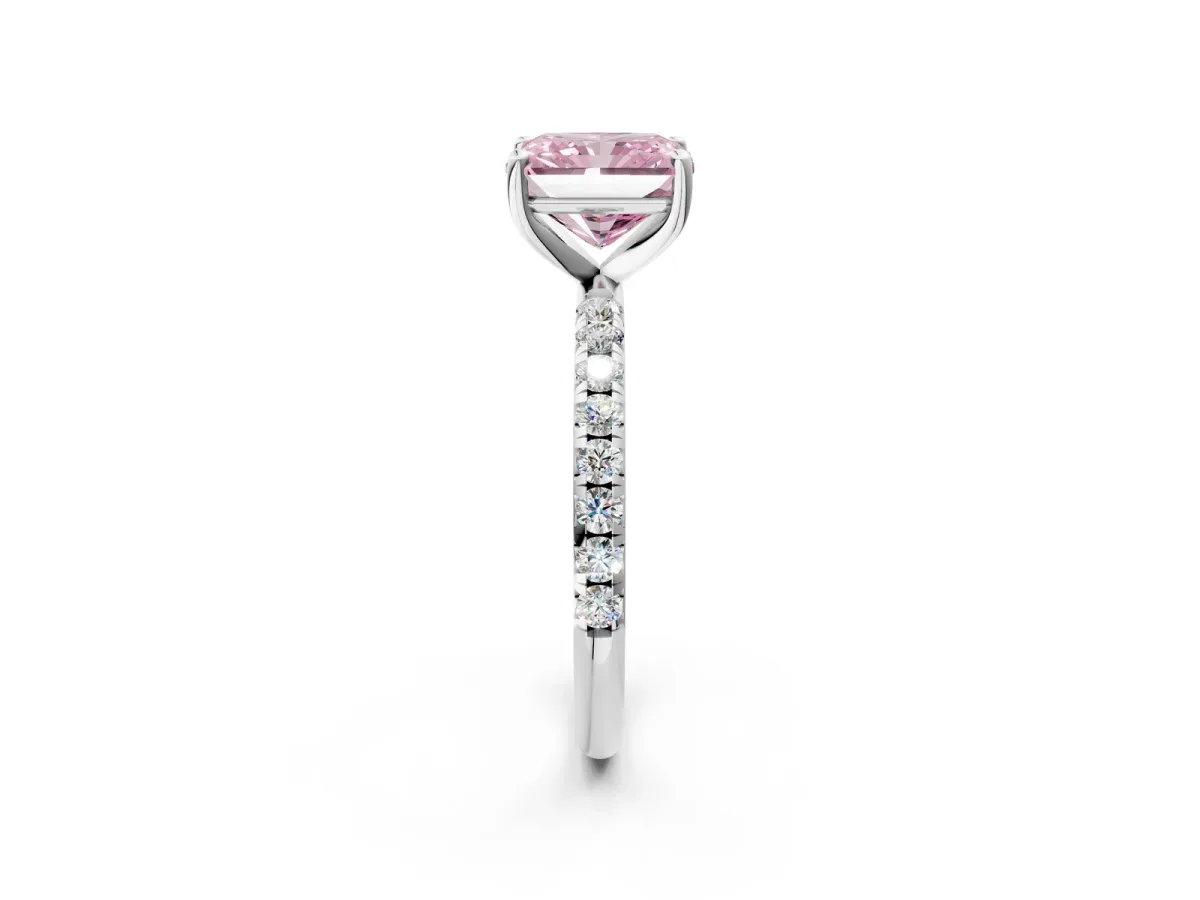Fancy Pink Radiant Cut Cut Diamond Solitaire Ring with Micro Pave Band and Four Prong Setting Platinum