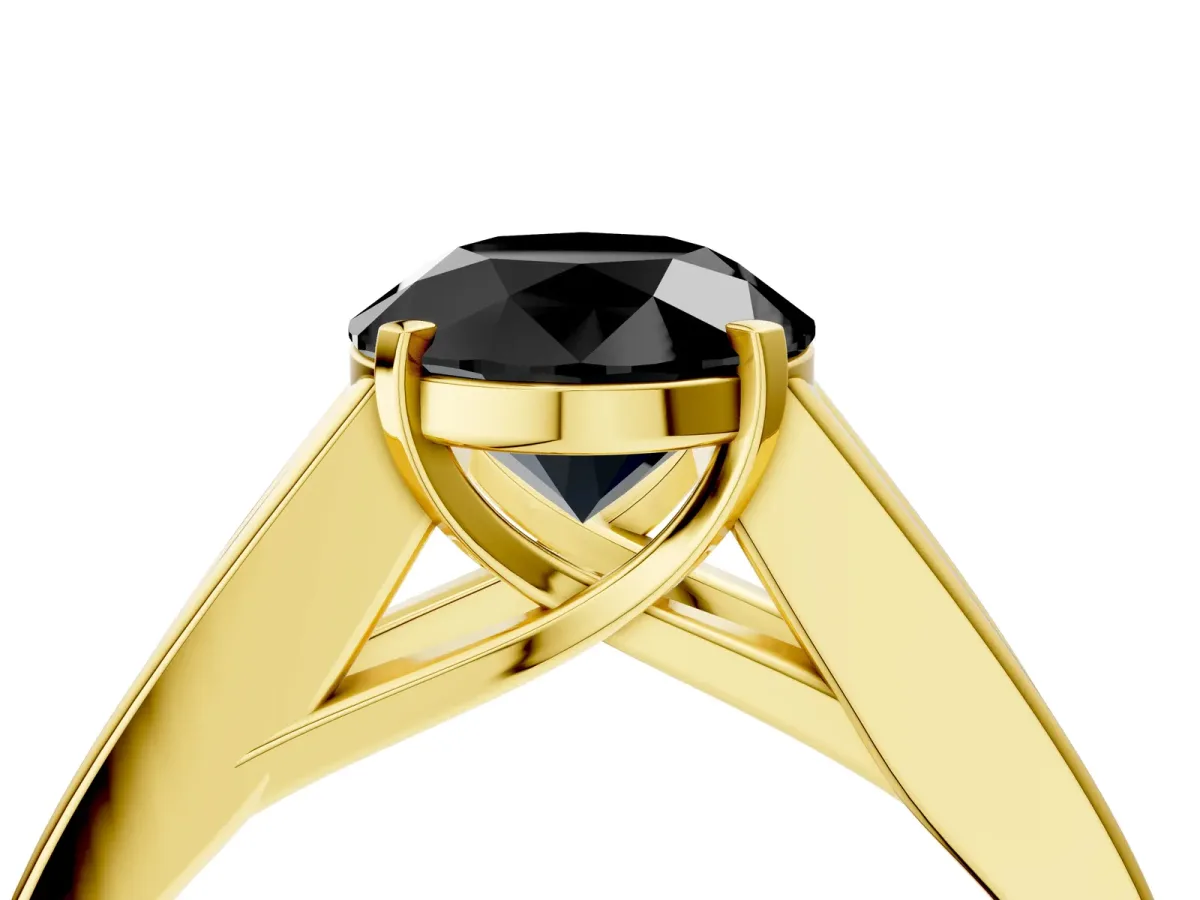 Fancy Black Round Cut Cut Channel Set Solitaire Ring with Four-Prong Setting Yellow gold