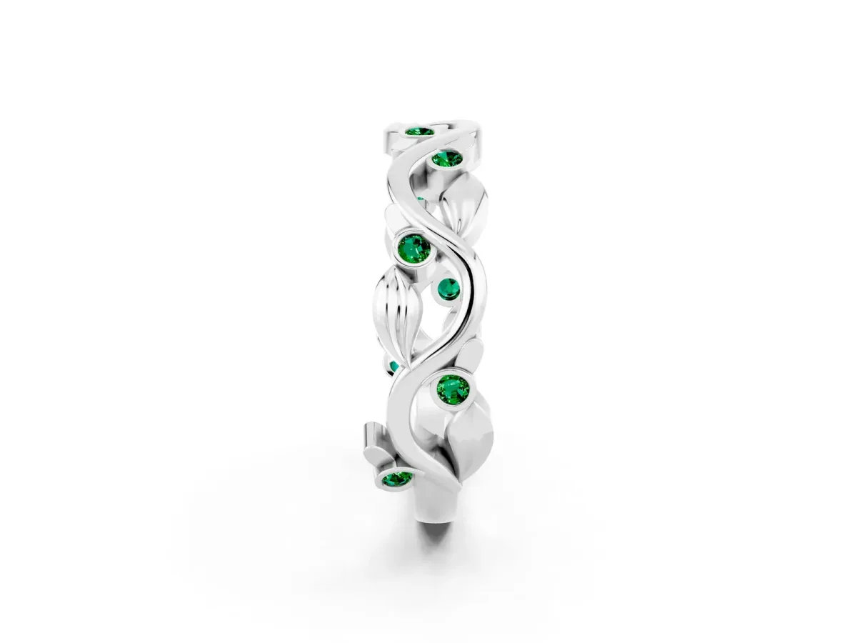 Round Emerald Leaf Eternity Band with Bezel Setting White gold
