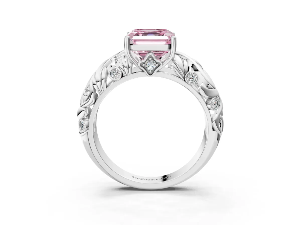 Fancy Pink Asscher Cut Solitaire Diamond Leaf-Inspired Vine Band Ring with Prong Setting Platinum