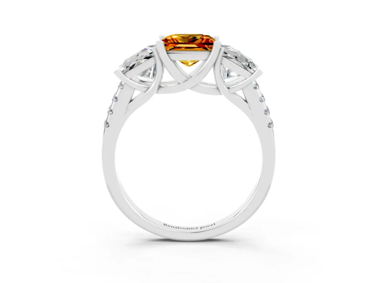 Three-Stone Princess Cut Citrine Ring with Round Pavé Band and Prong Setting White gold