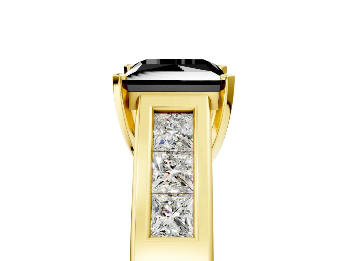 Fancy Black Princess Cut Cut Channel Set Solitaire Ring with Four-Prong Setting Yellow gold