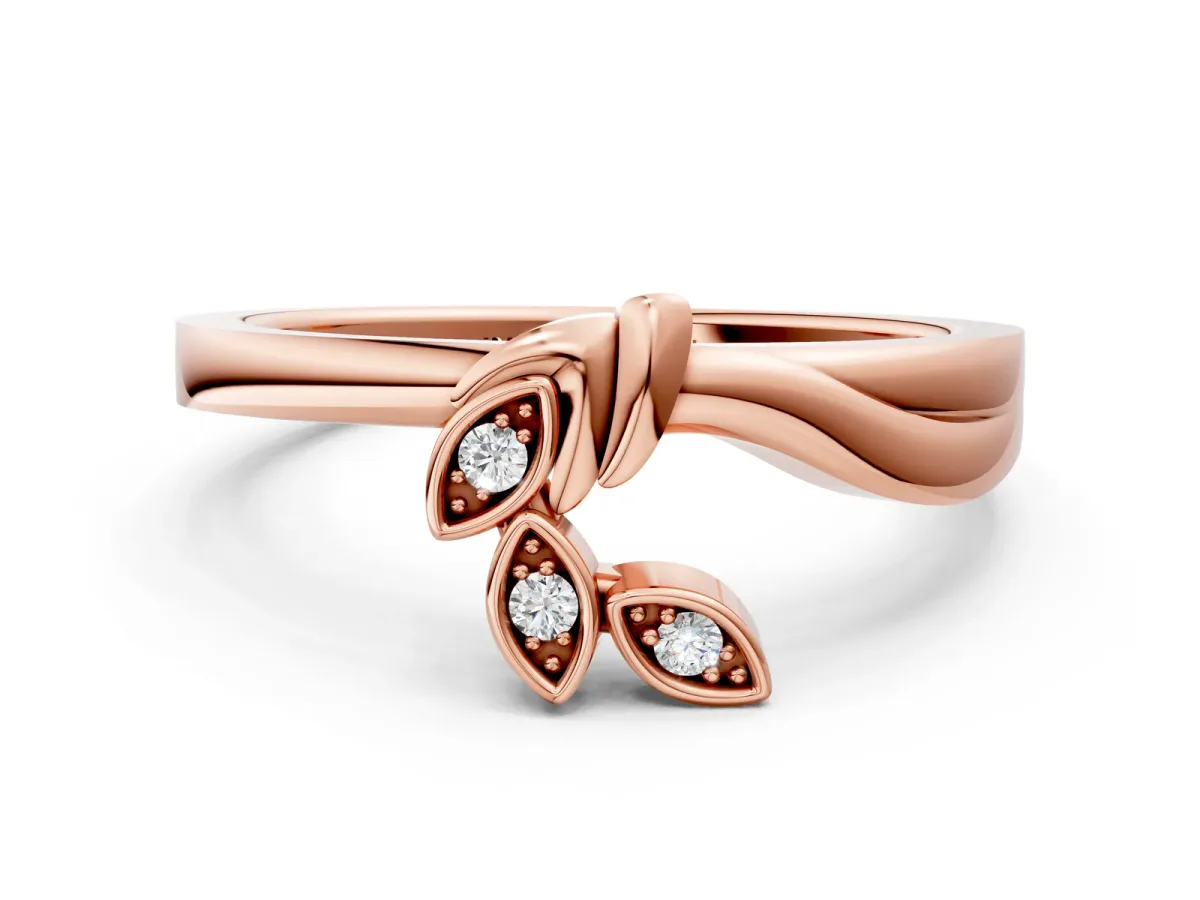 Three-Stone Round Diamond Leaf Bypass Ring with Bezel Setting Rose gold