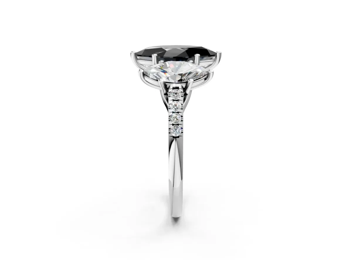 Fancy Black Three-Stone Marquise Cut Diamond Ring with Round Pavé Band and Prong Setting Silver