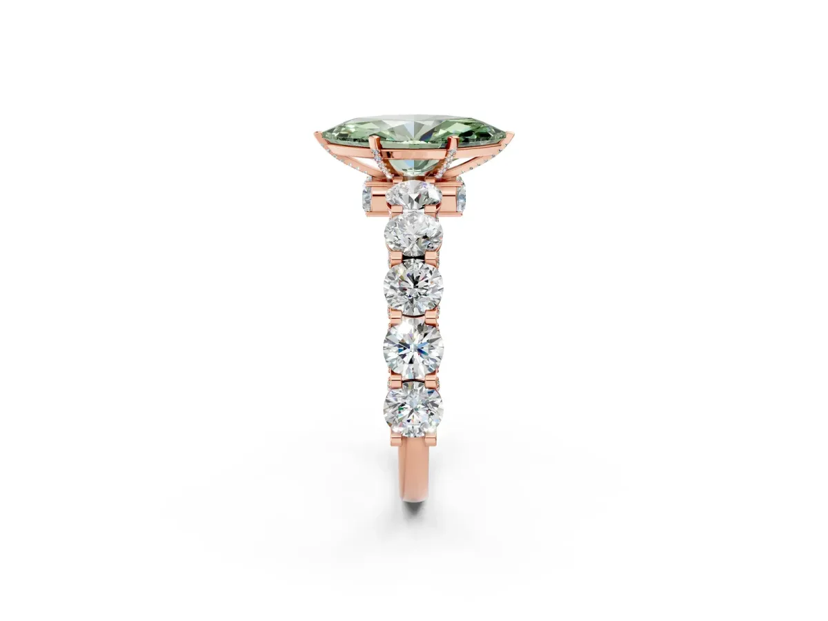 Fancy Green Marquise Cut Diamond Side Stone Engagement Ring with Four-Prong Setting Rose gold