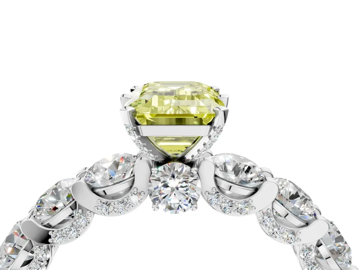 Fancy Yellow Emerald Cut Diamond Side Stone Engagement Ring with Four-Prong Setting Silver