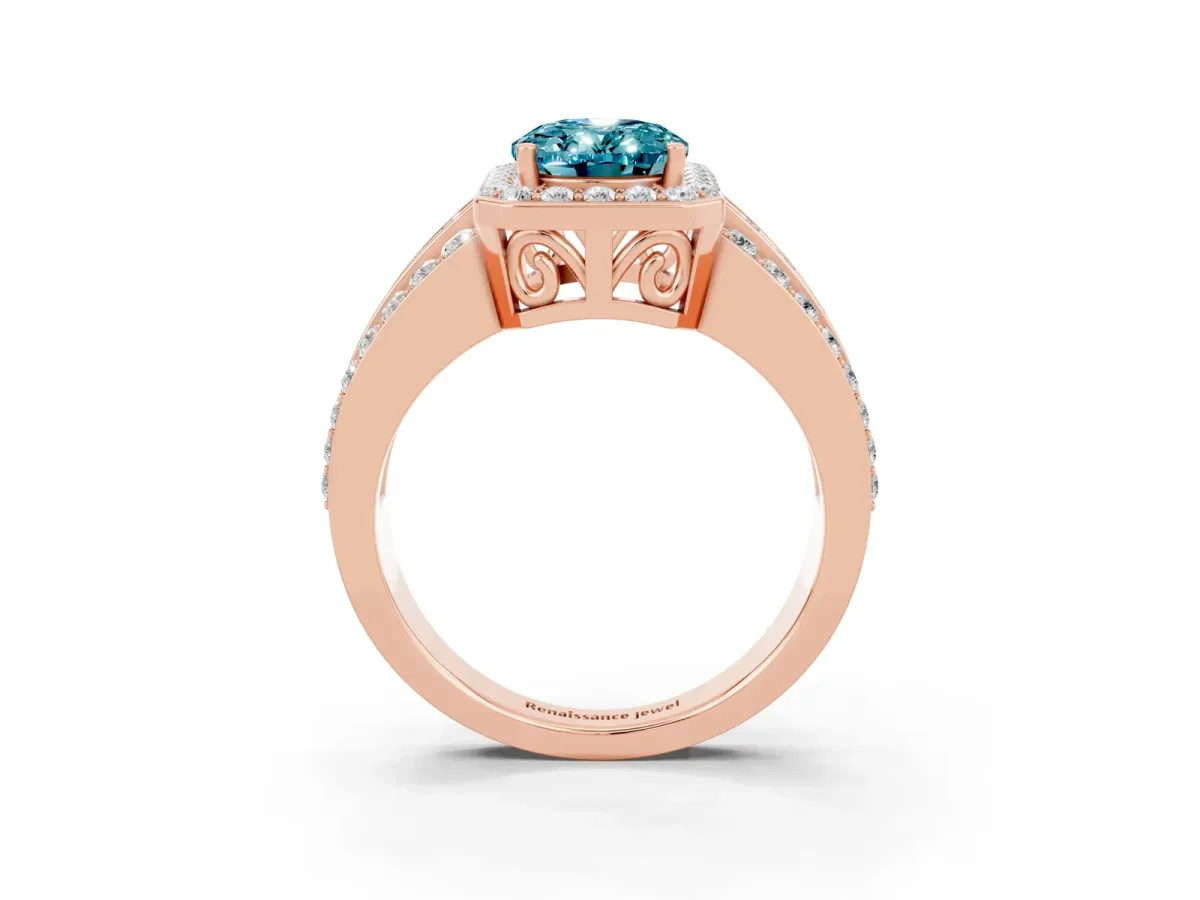 Oval Cut Halo Blue Topaz Ring with Round Split Shank and Prong Setting Rose gold