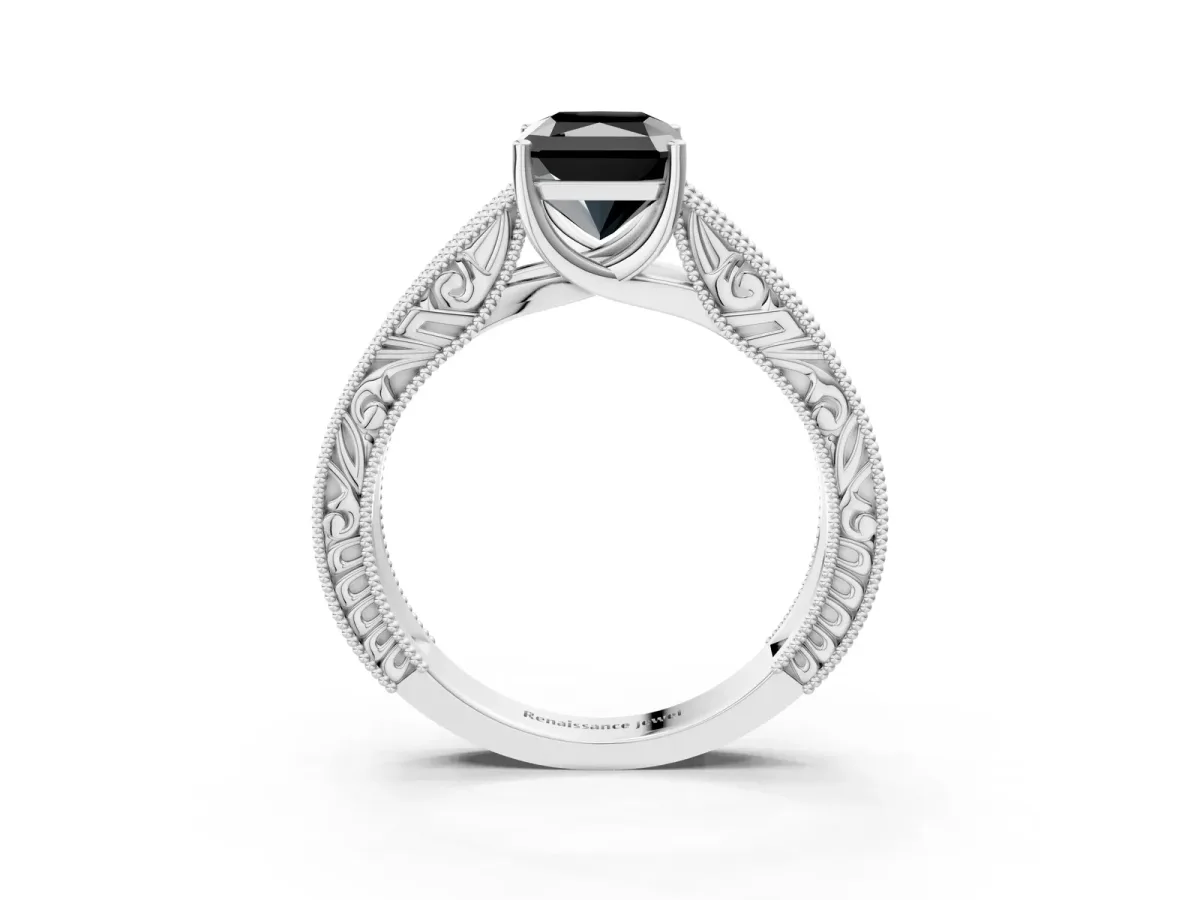 Fancy Black Radiant Cut Diamond Solitaire Ring with Engraved Band and Four-Prong Setting Platinum