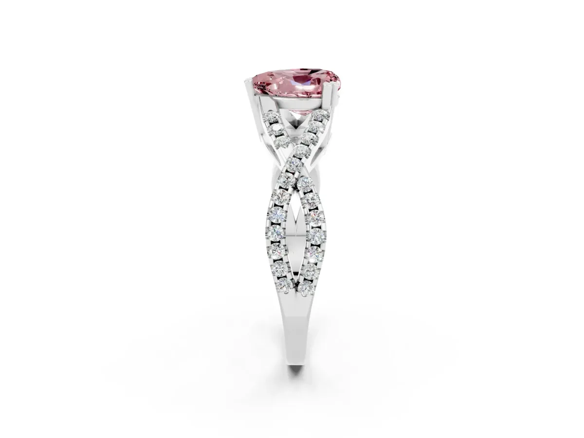 Heart Cut Morganite Solitaire Ring with Four-Prong Setting and Twisted Pavé Band Silver