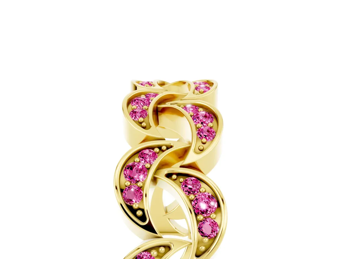 Pavé Round Pink Sapphire Interlocking Eternity Band with Bezel Prong Setting Yellow gold