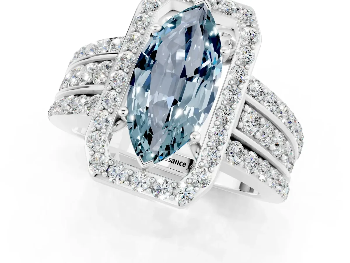 Marquise Cut Halo Aquamarine Ring with Round Split Shank and Prong Setting Silver