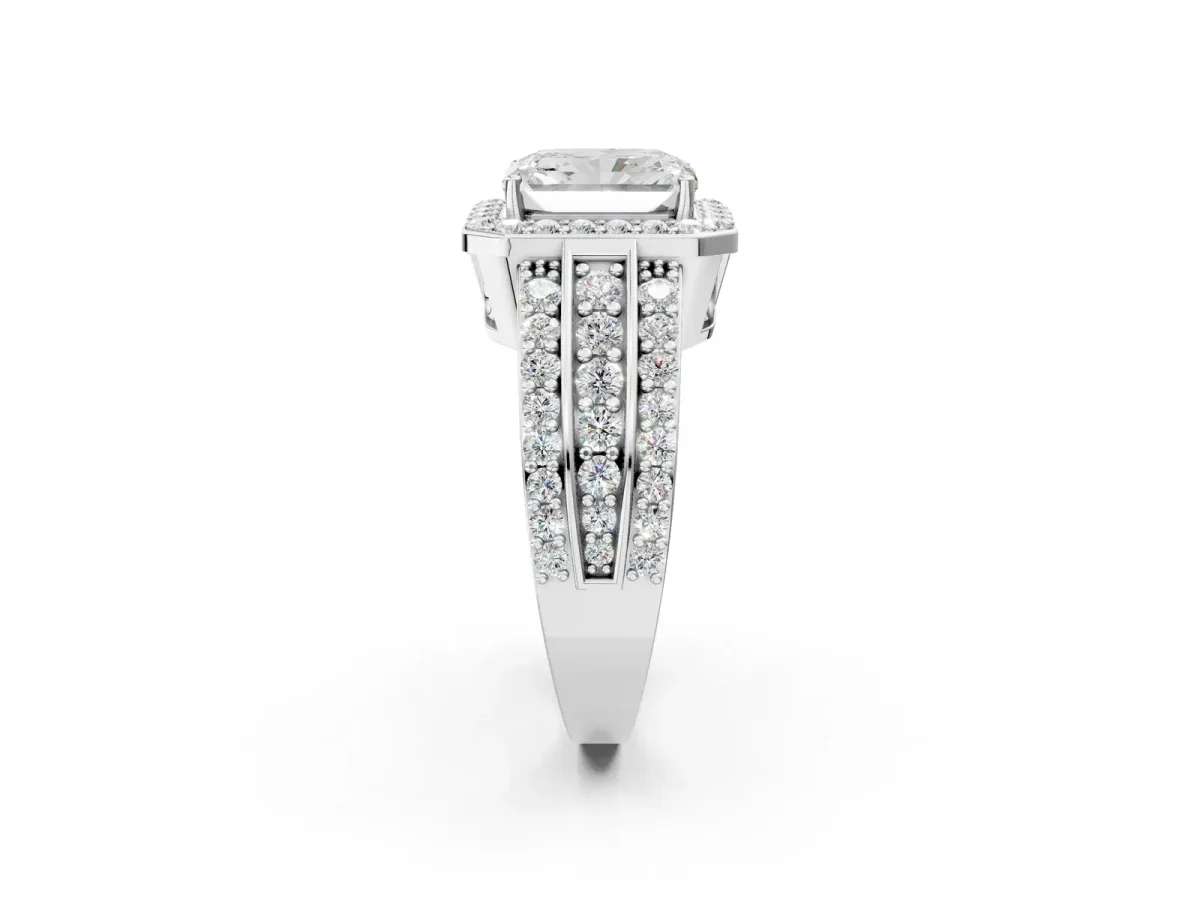 Radiant Cut Halo Diamond Ring with Round Moissanite Split Shank and Prong Setting Silver