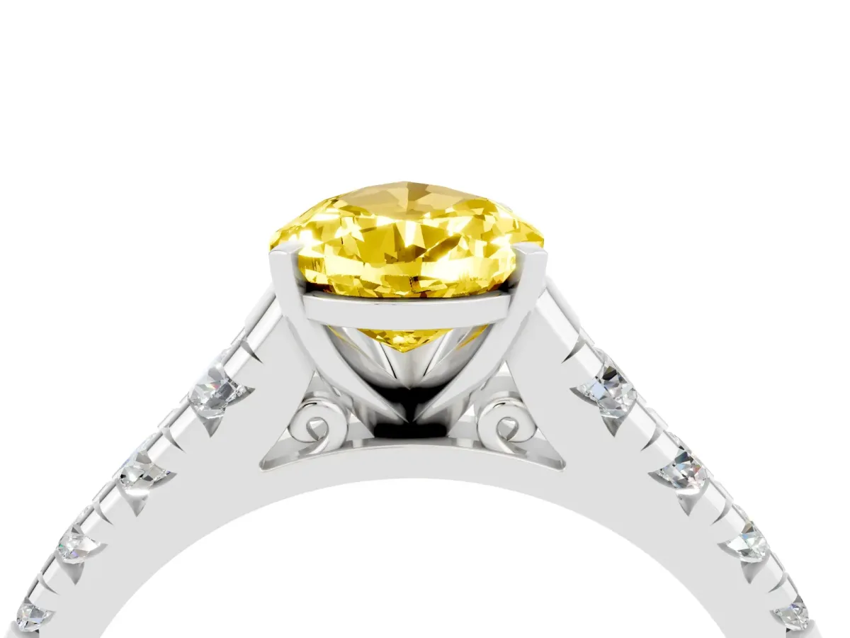 Pear Cut Yellow Sapphire Cathedral Solitaire Ring with Round Pavé Band Silver