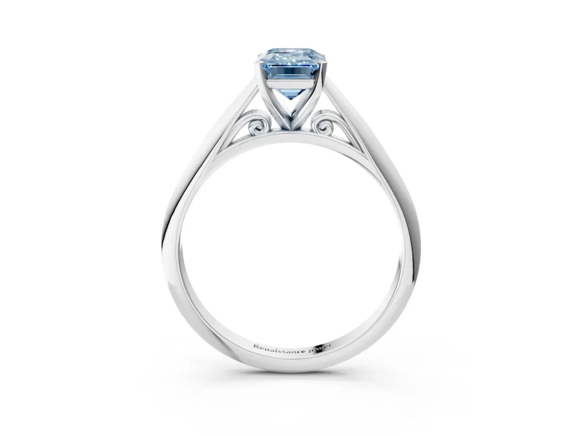 Fancy Blue Emerald Cut Diamond Solitaire Engagement Ring with Cathedral Setting and Four-Prong Mount White gold