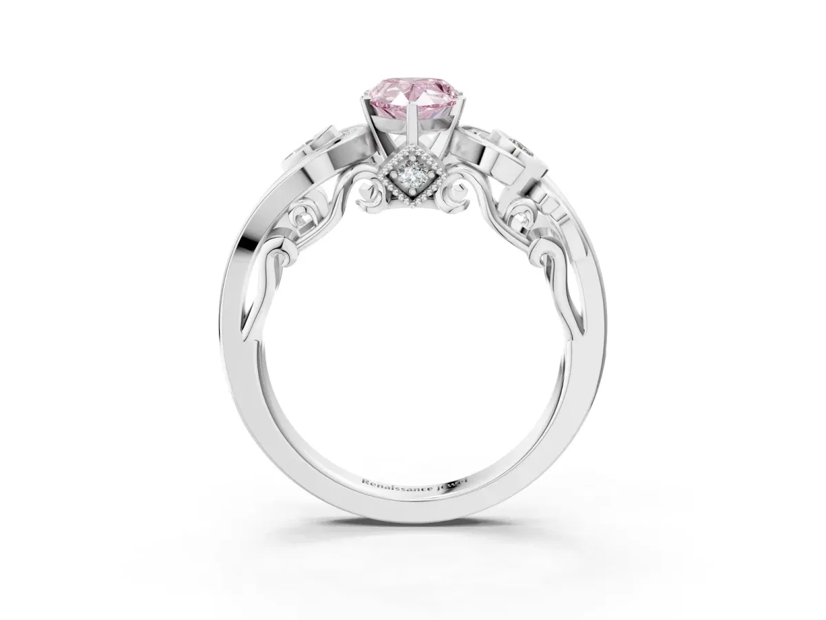 Fancy Pink Pear Cut Diamond Solitaire Ring with Milgrain Pavé Band and Four-Prong Setting Silver