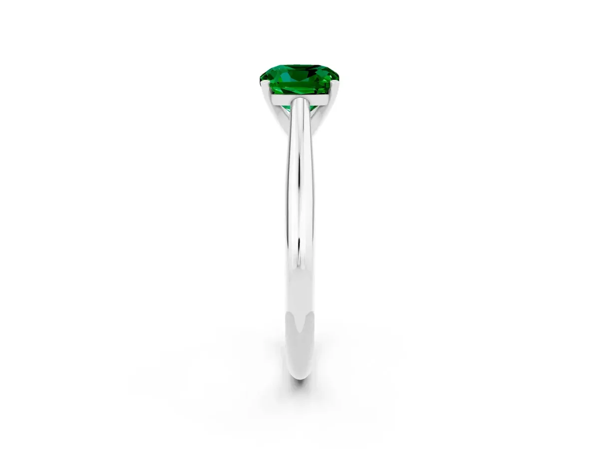 Cushion Cut Emerald Solitaire Engagement Ring with Cathedral Setting and Four-Prong Mount White gold
