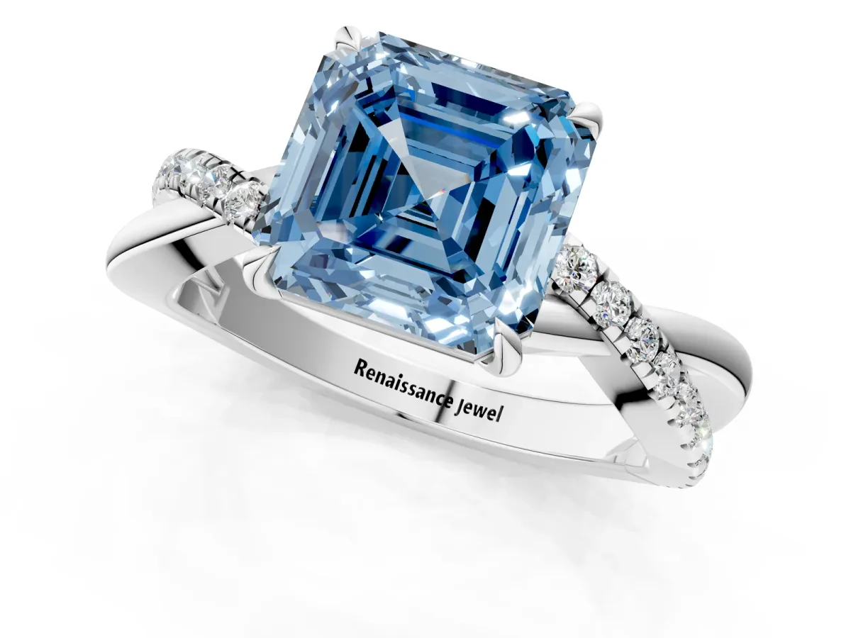 Fancy Blue Asscher Cut Cut Diamond Twisted Band with Pavé Setting and Four-Prong Setting Platinum