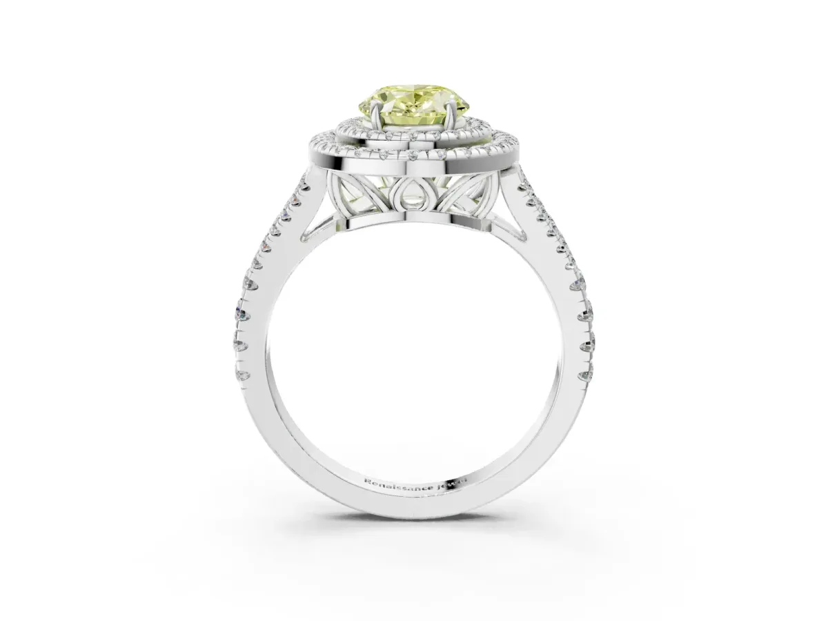 Fancy Yellow Oval Cut Diamond Double Halo Ring with Pavé Band and Prong Setting Silver