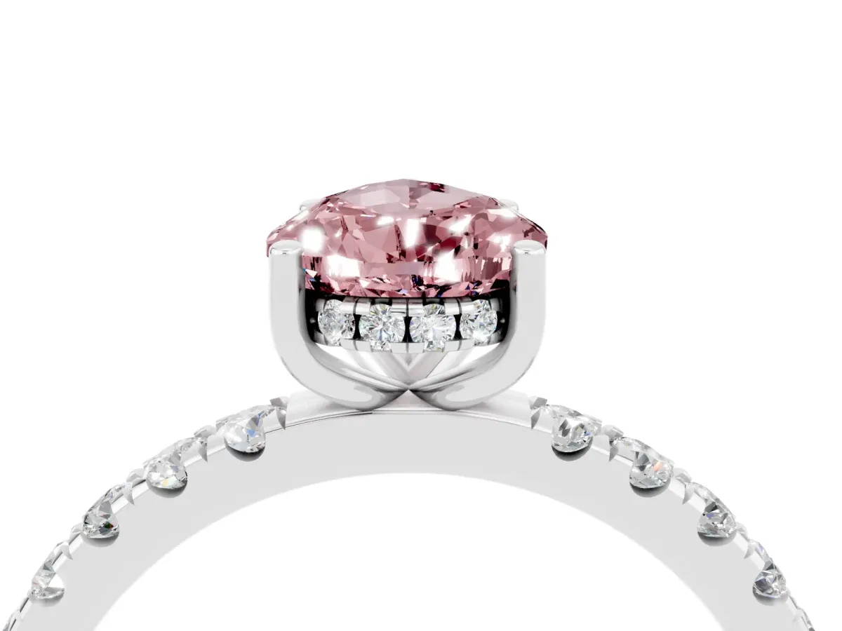 Pear Cut Morganite Pave Band Solitaire Ring with Round and Prong Setting Platinum