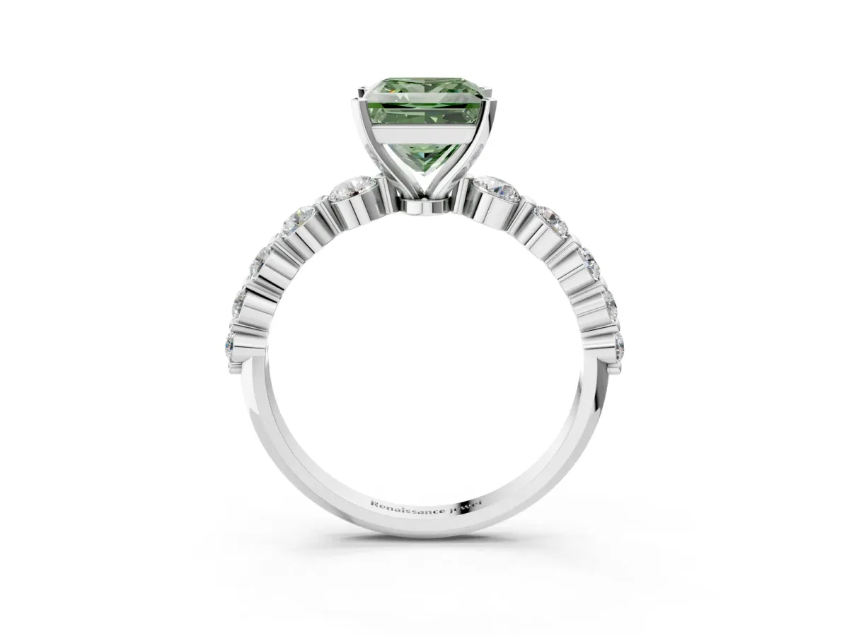 Fancy Green Princess Cut Solitaire Diamond Ring with Pave Band and Four-Prong Setting Silver