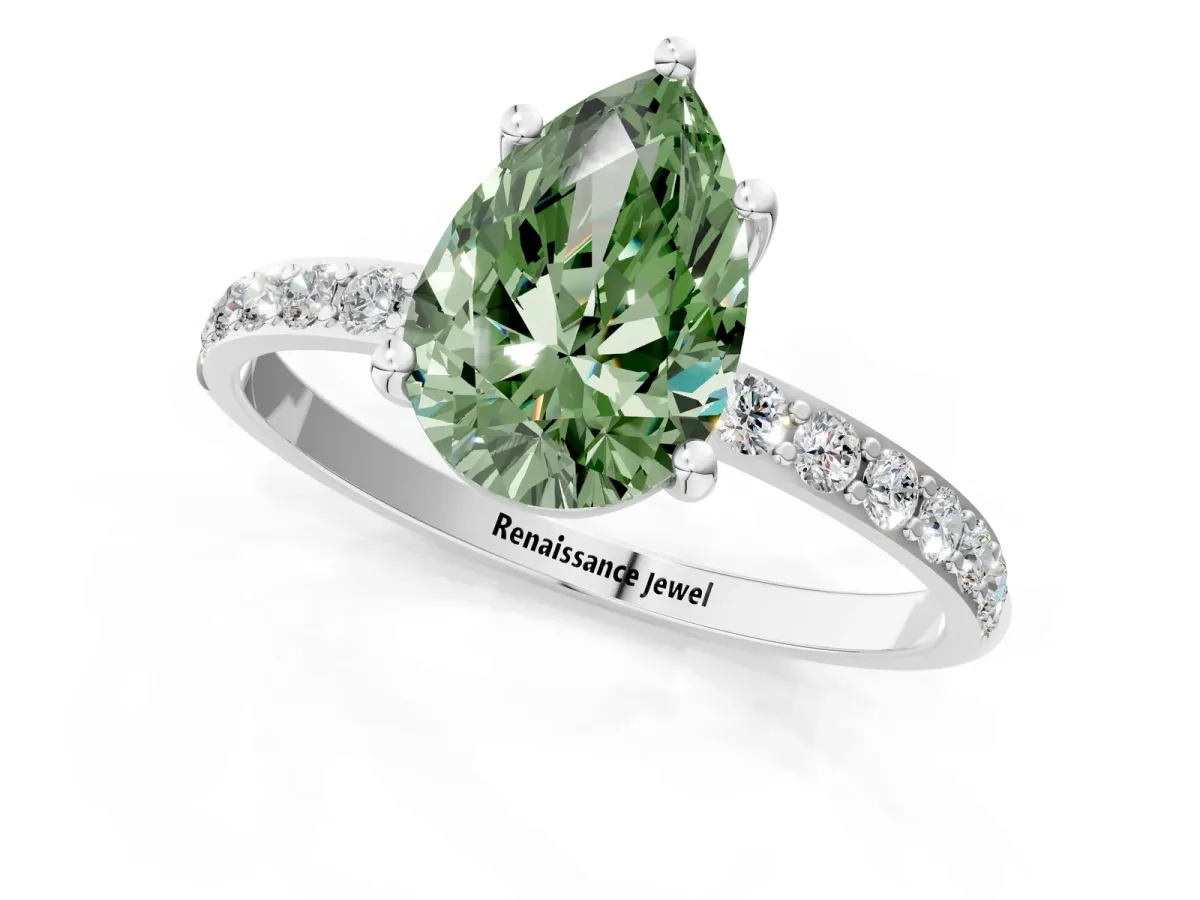 Fancy Green Pear Cut Diamond Solitaire Ring with Round Pavé Shoulders and Prong Setting White gold