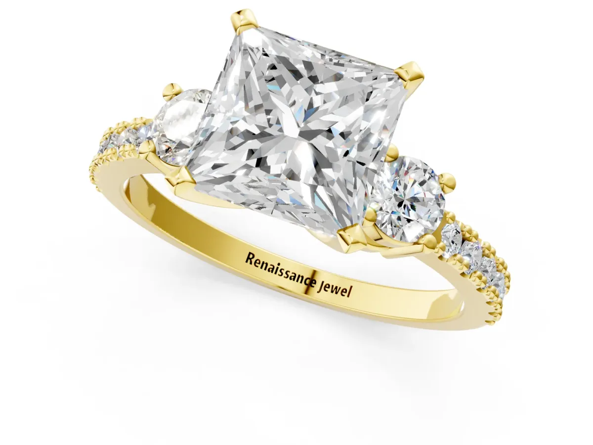 Princess Cut Cut Three-Stone Diamond Pavé Band with Prong Setting Yellow gold