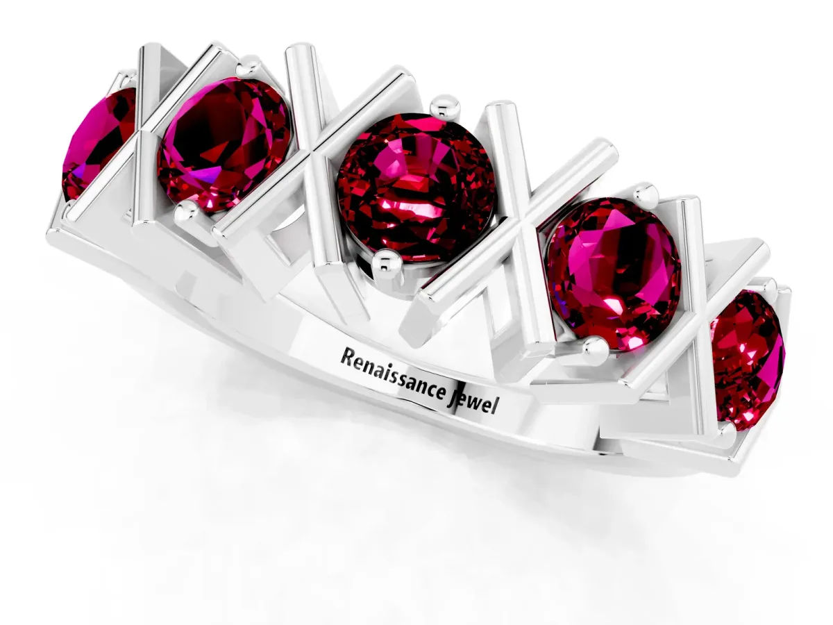 Round Garnet Channel Set Band with X-Prong Detail Silver