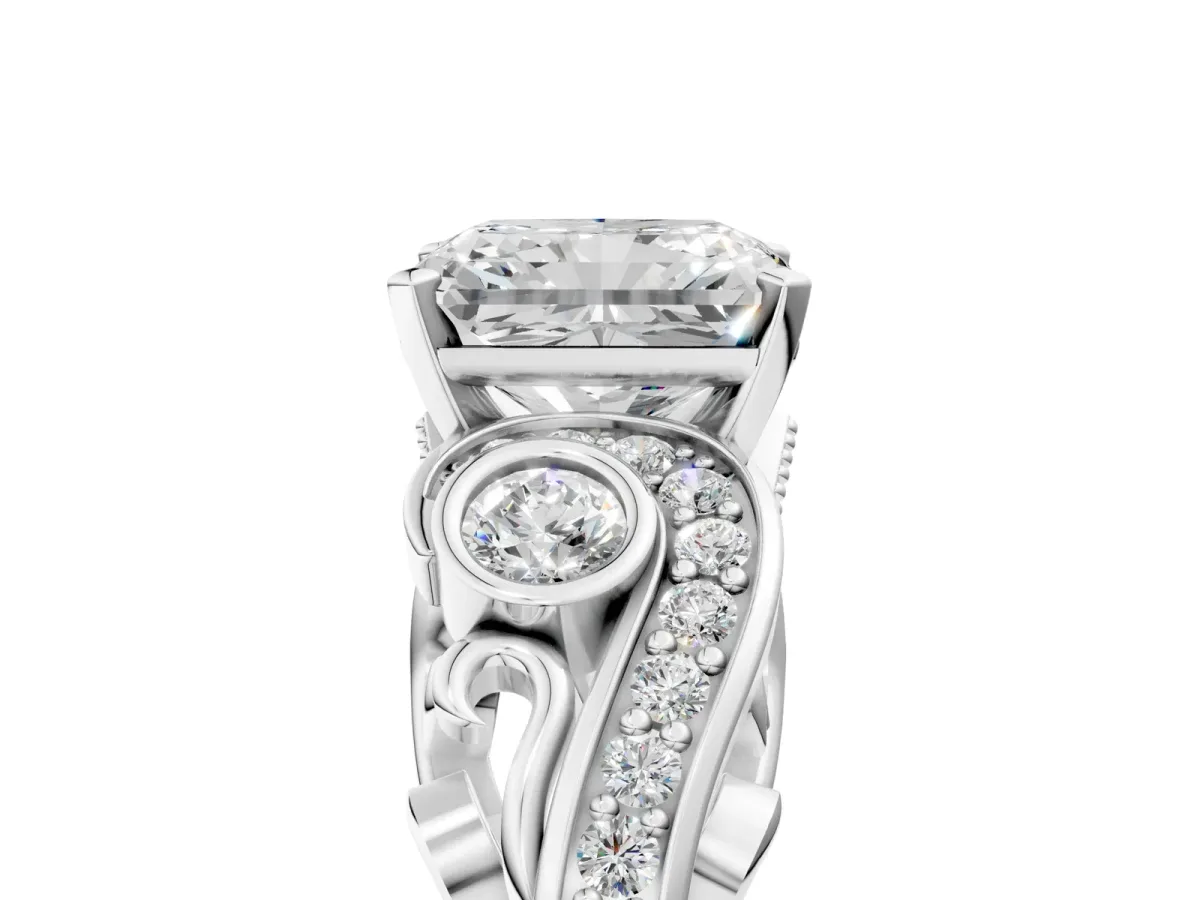 Radiant Cut Diamond Solitaire Ring with Milgrain Pavé Band and Four-Prong Setting Silver