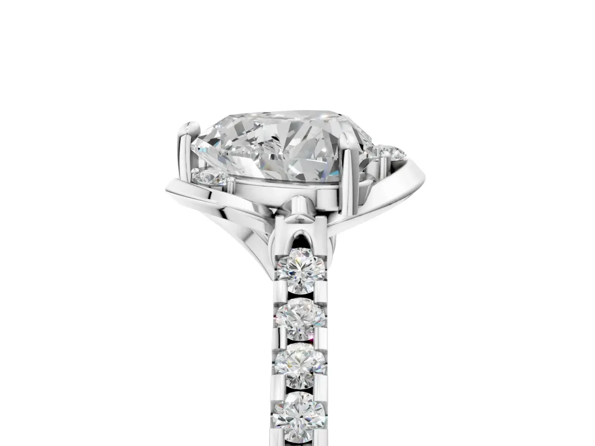 Heart Cut Diamond Ring with Pavé Band and Floral Prong Setting Silver