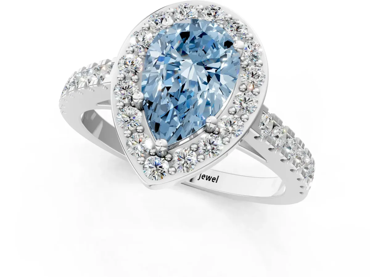 Fancy Blue Pear Cut Diamond Halo Ring with Round Pavé Split Shank and Prong Setting Platinum