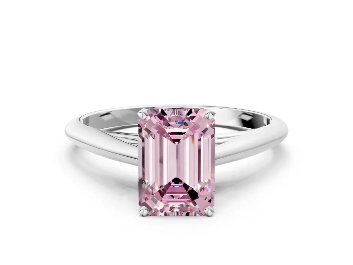 Fancy Pink Emerald Cut Diamond Solitaire Engagement Ring with Cathedral Setting and Four-Prong Mount White gold