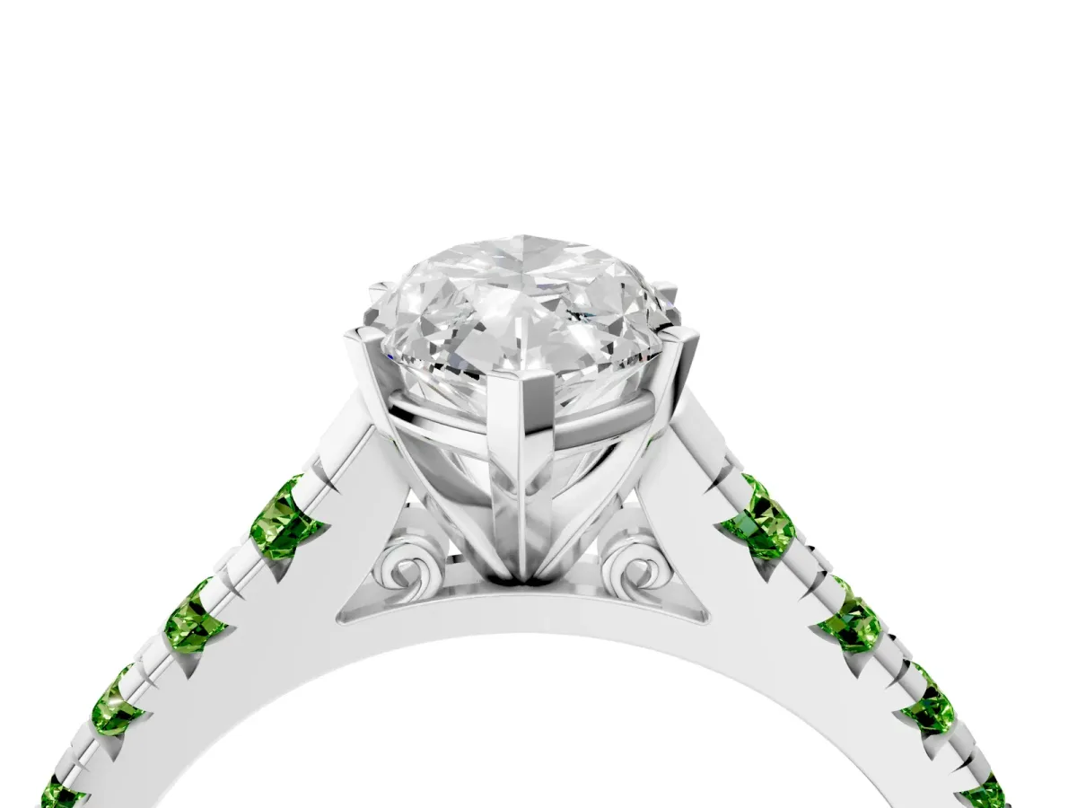 Marquise Cut Diamond Cathedral Solitaire Ring with Round Peridot Pavé Band Silver