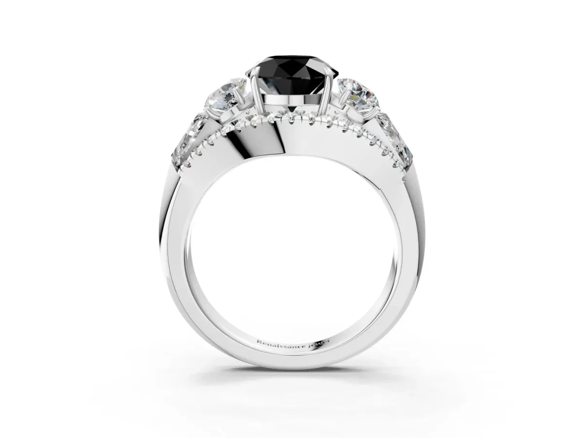 Fancy Black Three-Stone Round Cut Diamond Engagement Ring with Pave Band and Prong Setting Platinum