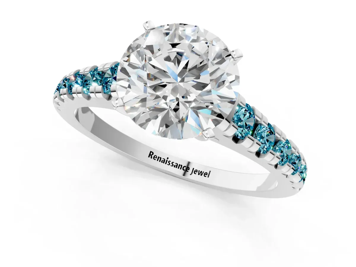 Round Cut Diamond Cathedral Solitaire Ring with Round Blue Topaz Pavé Band Silver