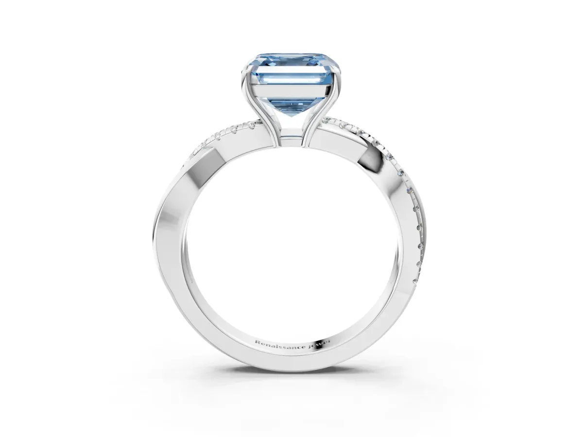 Fancy Blue Asscher Cut Cut Diamond Twisted Band with Pavé Setting and Four-Prong Setting Platinum