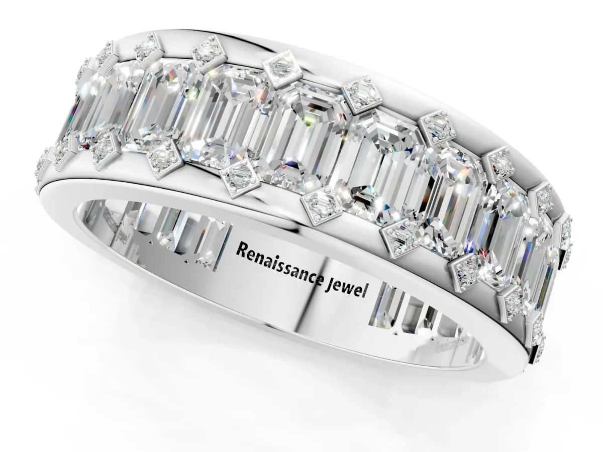 Emerald Cut and Round Diamond Eternity Mens Band Platinum