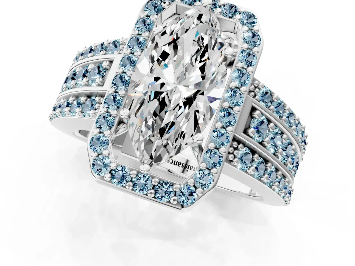 Marquise Cut Halo Diamond Ring with Round Aquamarine Split Shank and Prong Setting Silver