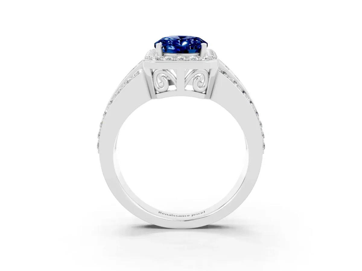 Oval Cut Halo Blue Sapphire Ring with Round Split Shank and Prong Setting Platinum