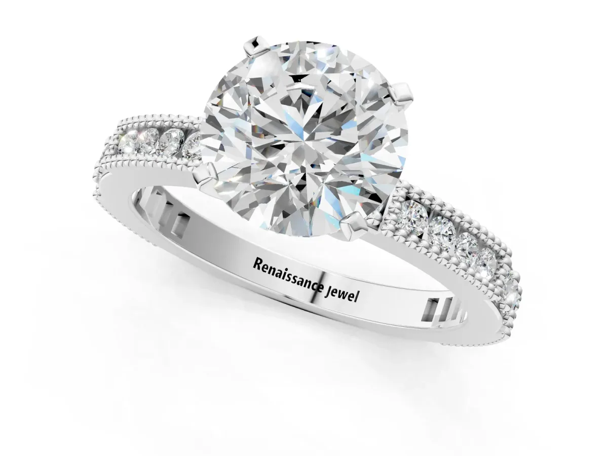 Round Cut Solitaire with Pavé Band and Four-Prong Setting Platinum