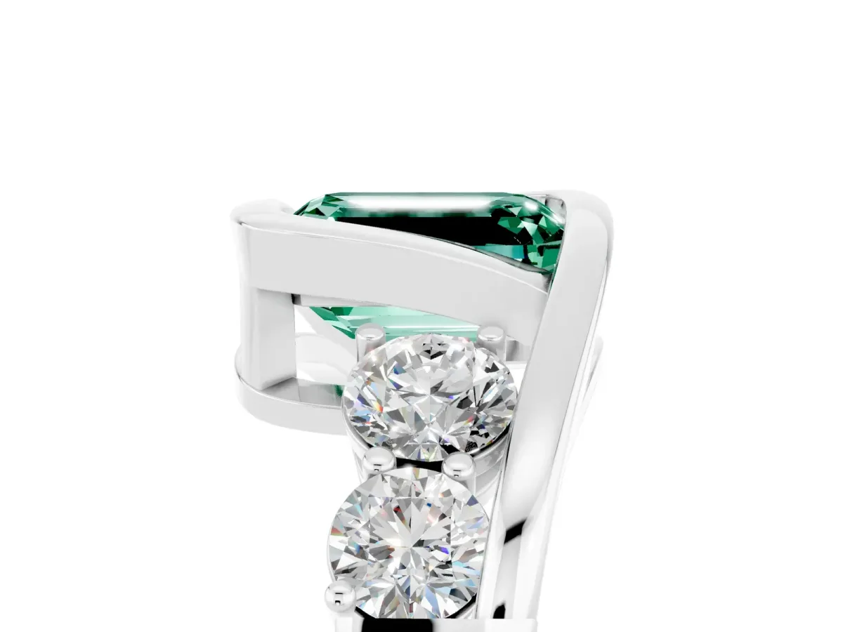 Bezel Set Emerald Cut Green Sapphire Bypass Ring with Round Accents Silver
