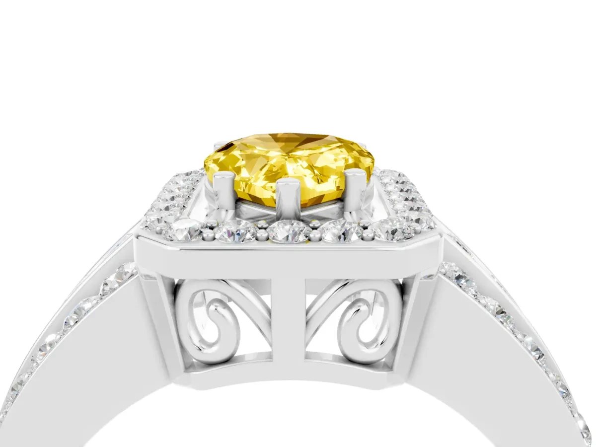 Pear Cut Halo Yellow Sapphire Ring with Round Split Shank and Prong Setting Platinum