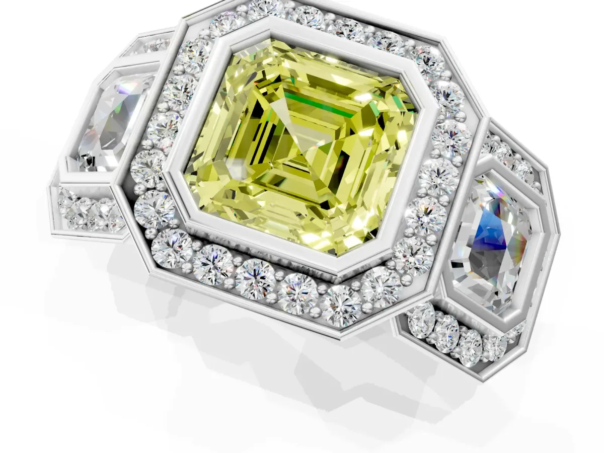 Fancy Yellow Three-Stone Asscher Cut Halo Pavé Diamond Ring Platinum