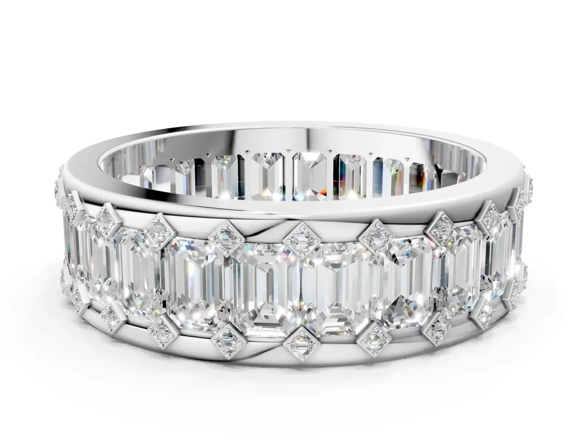 Emerald Cut and Round Diamond Eternity Mens Band Platinum