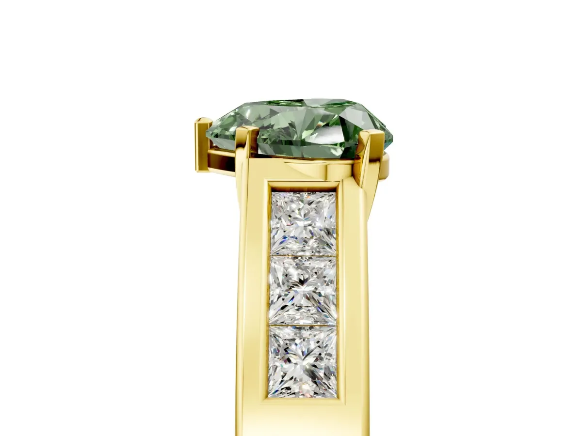 Fancy Green Heart Cut Cut Channel Set Solitaire Ring with Four-Prong Setting Yellow gold