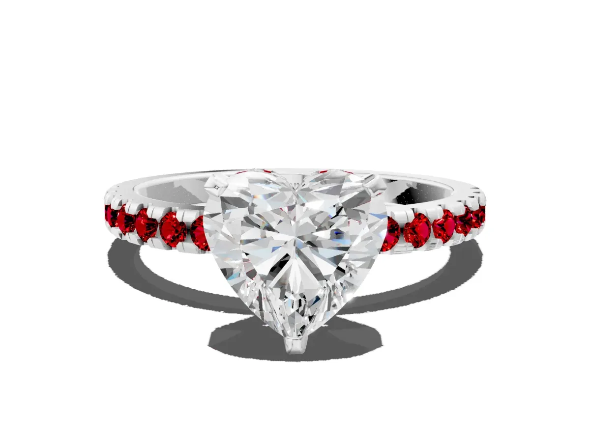 Heart Cut Diamond Solitaire Ring with Round Ruby Pavé Band and Four-Prong Setting Silver