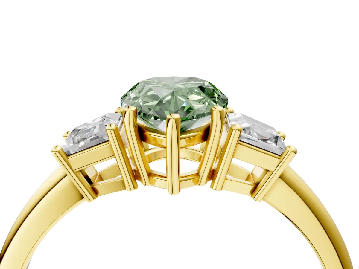 Fancy Green Pear Cut Diamond Three-Stone Ring with Trapezoid Side Stones and Prong Setting Yellow gold