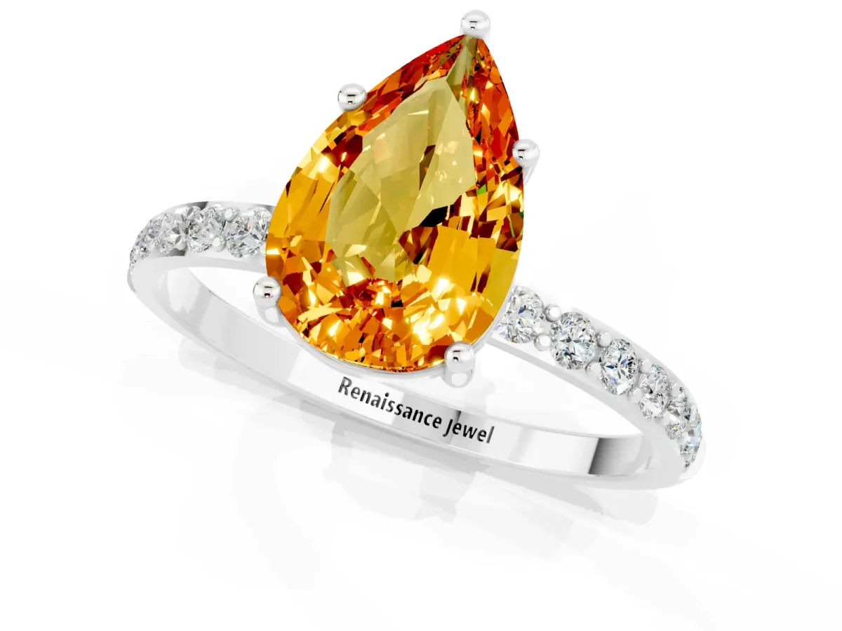 Pear Cut Citrine Solitaire Ring with Round Pavé Shoulders and Prong Setting White gold